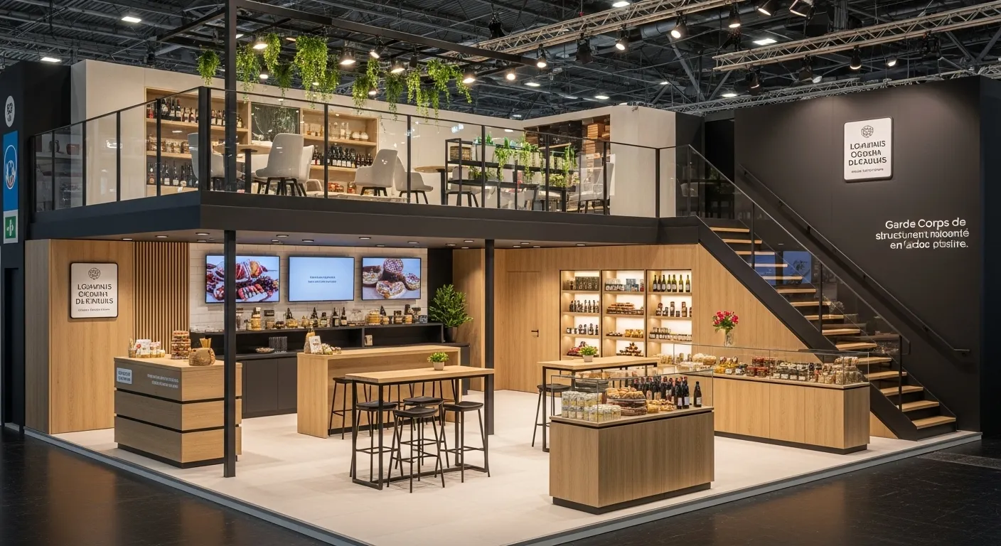 fabrication stand mezzanine, calcul charge stand, normes sécurité stand, escalier stand sur mesure, garde-corps stand, bureau de contrôle stand, structure métallique stand