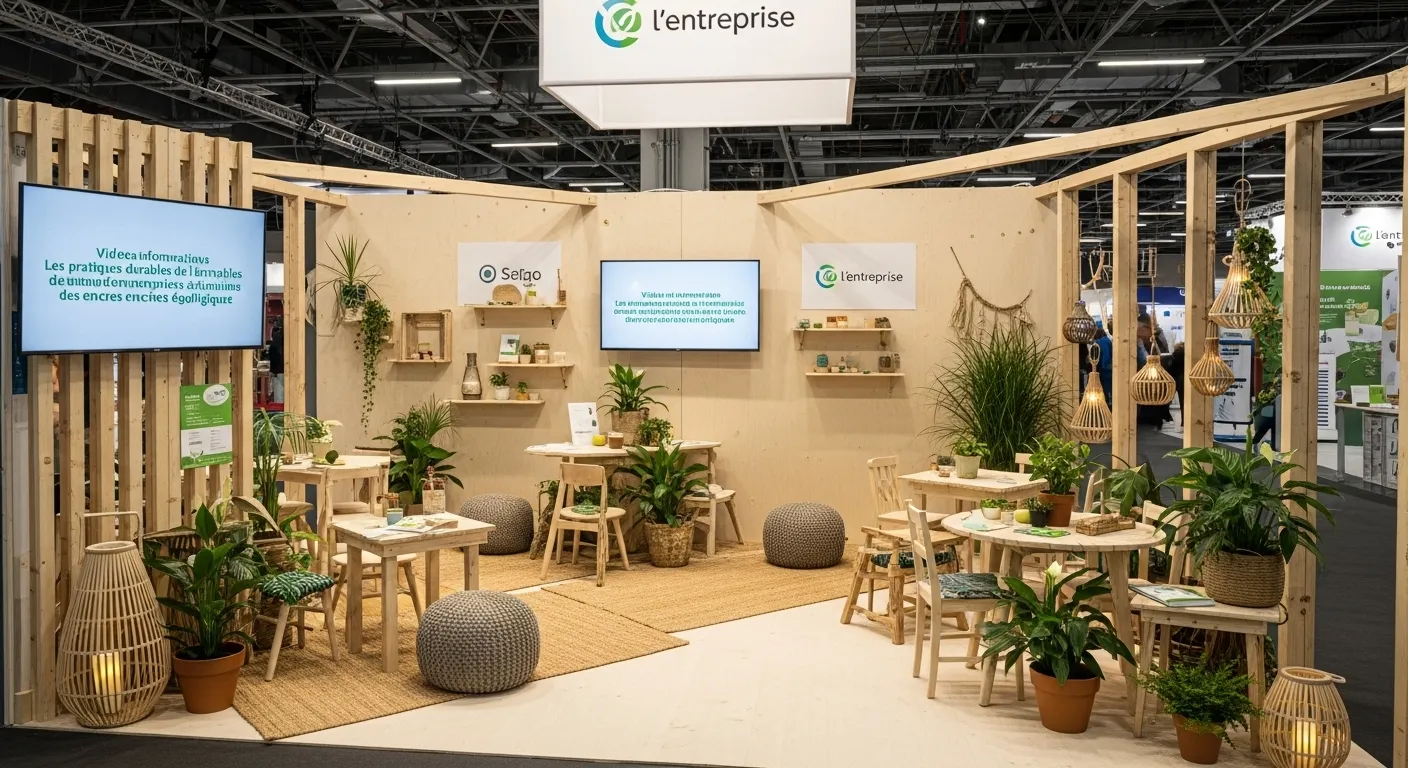 stand bois éco-responsable, matériaux recyclés stand, stand certifié ISO 20121, peinture faible COV, menuiserie durable, agencement responsable