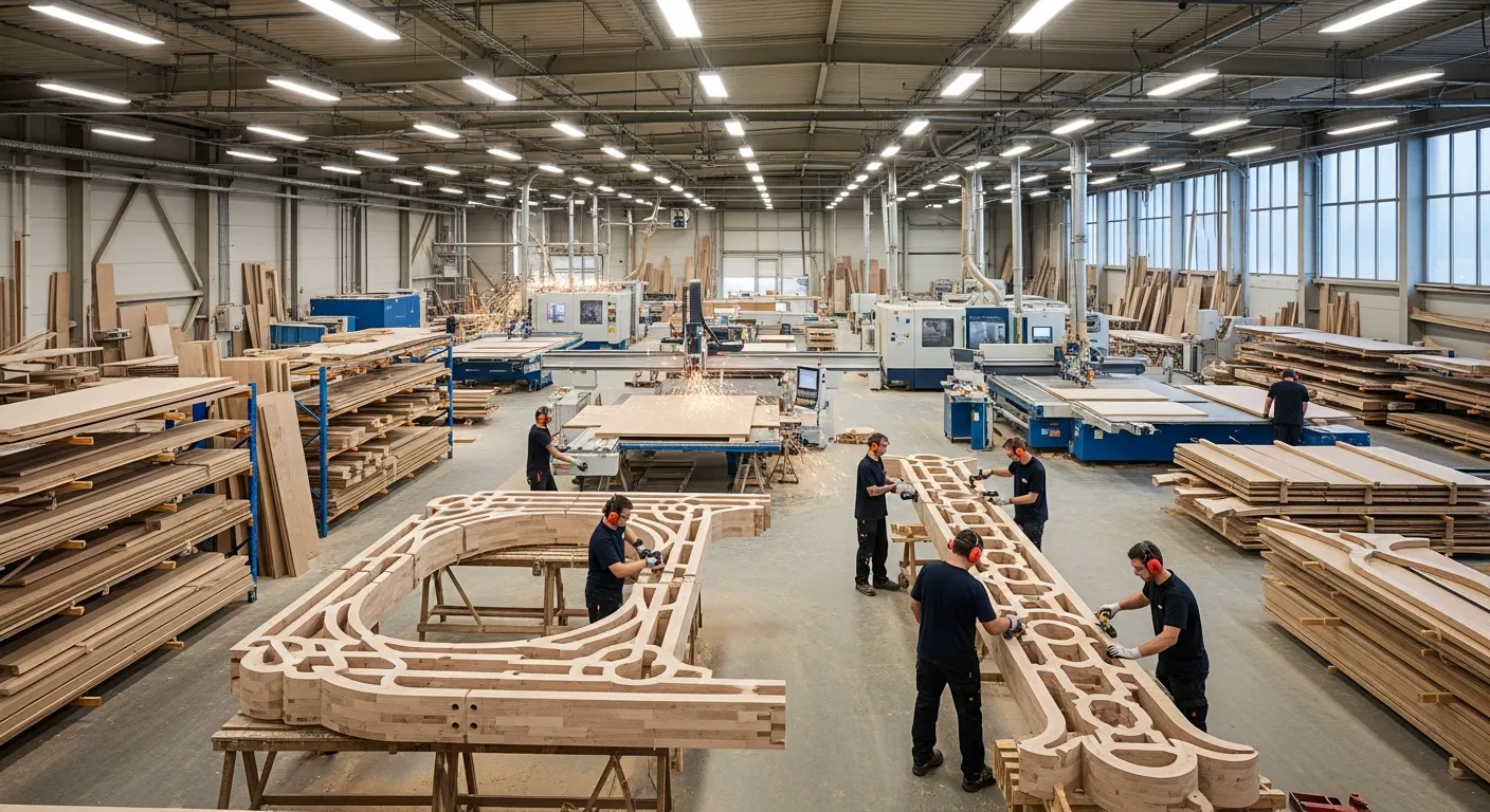 Atelier menuiserie industrielle stand, fabrication stand sur mesure bois, machines découpe numérique bois, atelier Mythiqs Lizy sur Ourcq, menuisier fabricant stand événementiel, construction décors événementiels, usinage panneaux bois stand