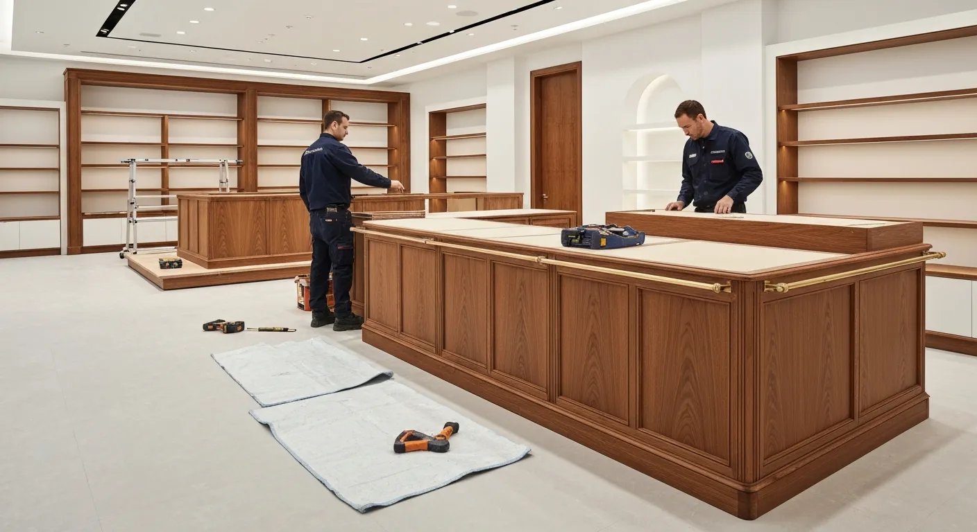 Agencement boutique éphémère bois, fabrication comptoir pop-up store, installation mobilier magasin, menuisier agencement retail, aménagement corner grands magasins, atelier fabrication mobilier commercial, Mythiqs agenceur fabricant