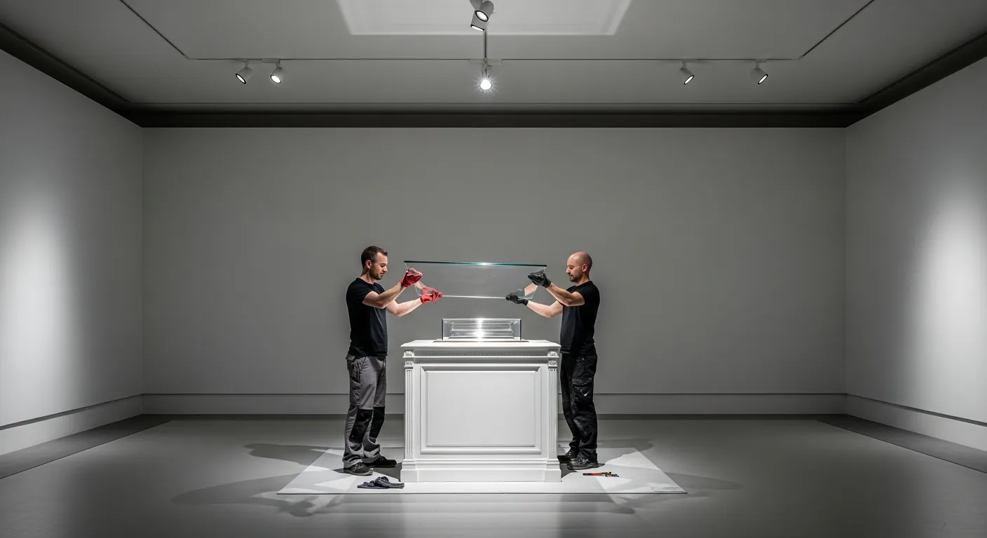 Fabrication vitrine musée, soclage exposition d'art, menuiserie muséographique sur mesure, agencement exposition temporaire, cloisons et cimaises musée, aménagement scénographique, atelier fabrication décor musée, Mythiqs menuisier exposition