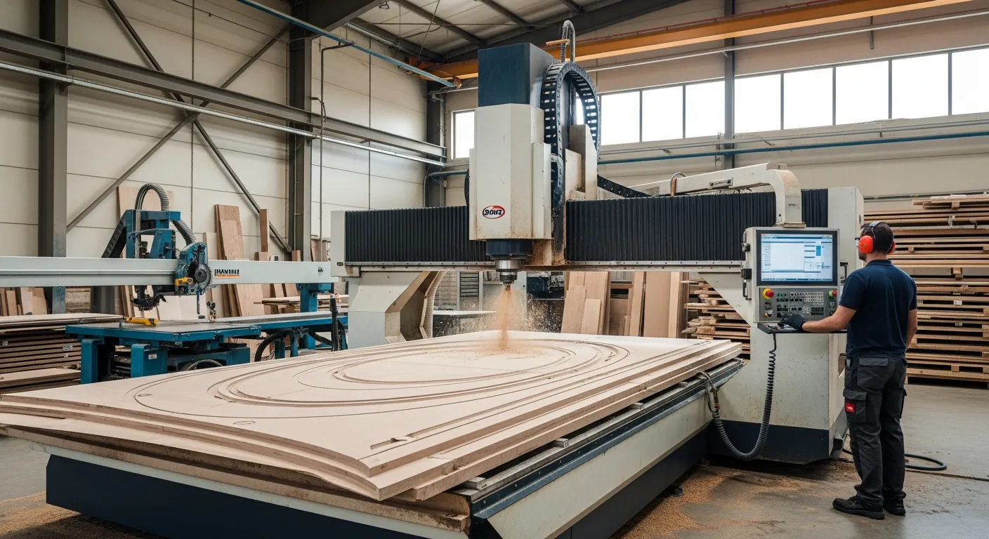 Scie numérique découpe bois, centre usinage CNC menuiserie, fabrication stand atelier industriel, machine défonceuse numérique, parc machine Mythiqs, découpe panneaux bois sur mesure, menuiserie 77 Lizy sur Ourcq, usinage précision stand