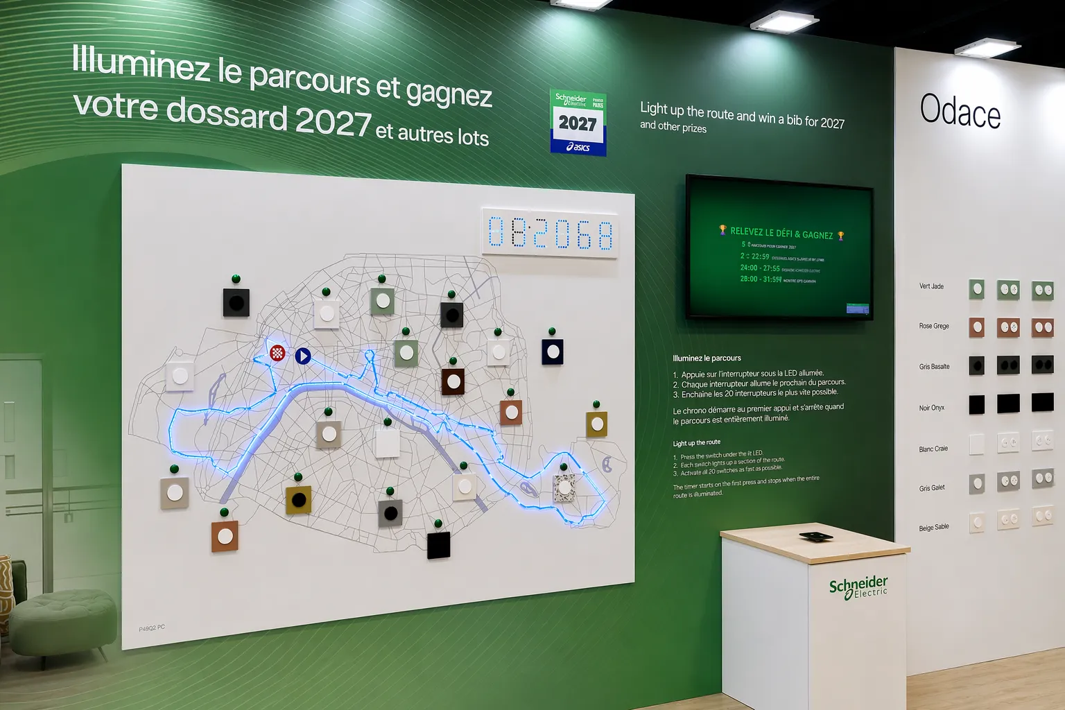 Intégration écran mur led stand, fabrication lightbox sur mesure, menuiserie connectée stand, usinage panneaux composites, stand modulaire haut de gamme, atelier fabrication Mythiqs, caisson lumineux tissu tendu, agencement technologique événementiel