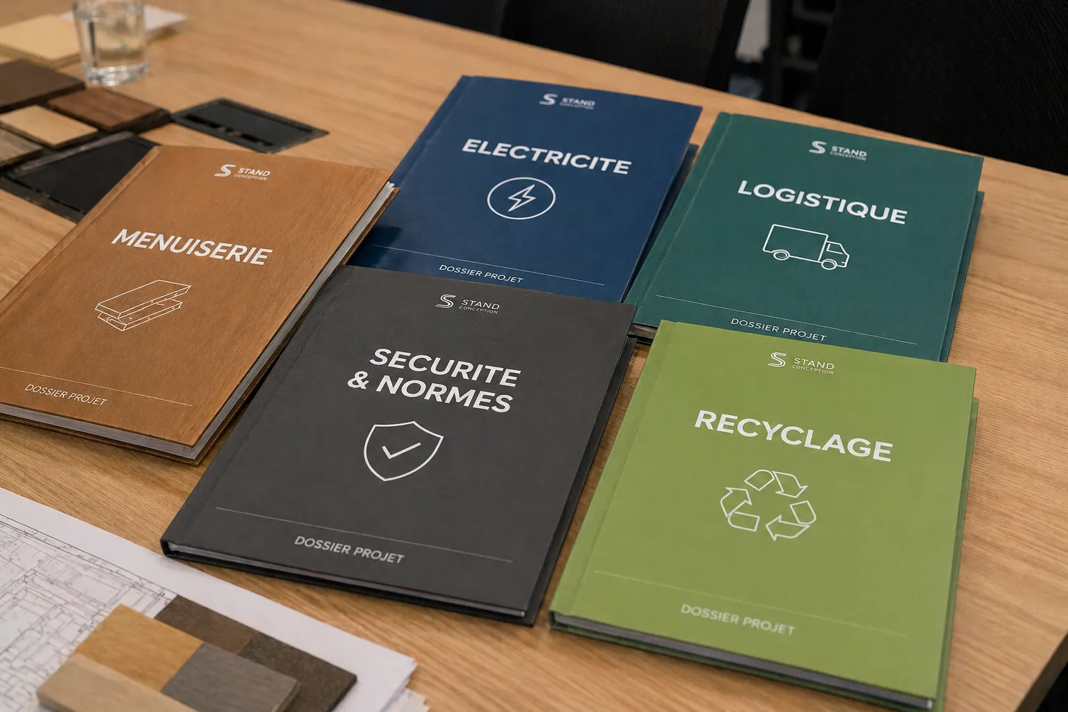 Fabrication décor convention entreprise, fond de scène événementiel bois, construction scène plénière, atelier menuiserie grand format, montage décor séminaire, totem signalétique événement, aménagement salle congrès, Mythiqs fabricant décors.