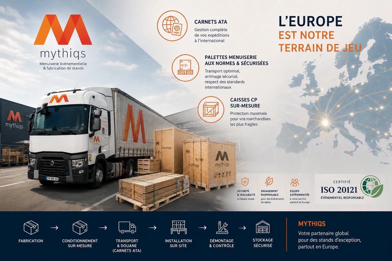 Transport international stand, logistique salon Europe, camion Mythiqs autoroute, installation stand Milan Francfort Barcelone, montage stand étranger, formalités douanières événementiel, caisse transport stand sur mesure, équipe montage export.