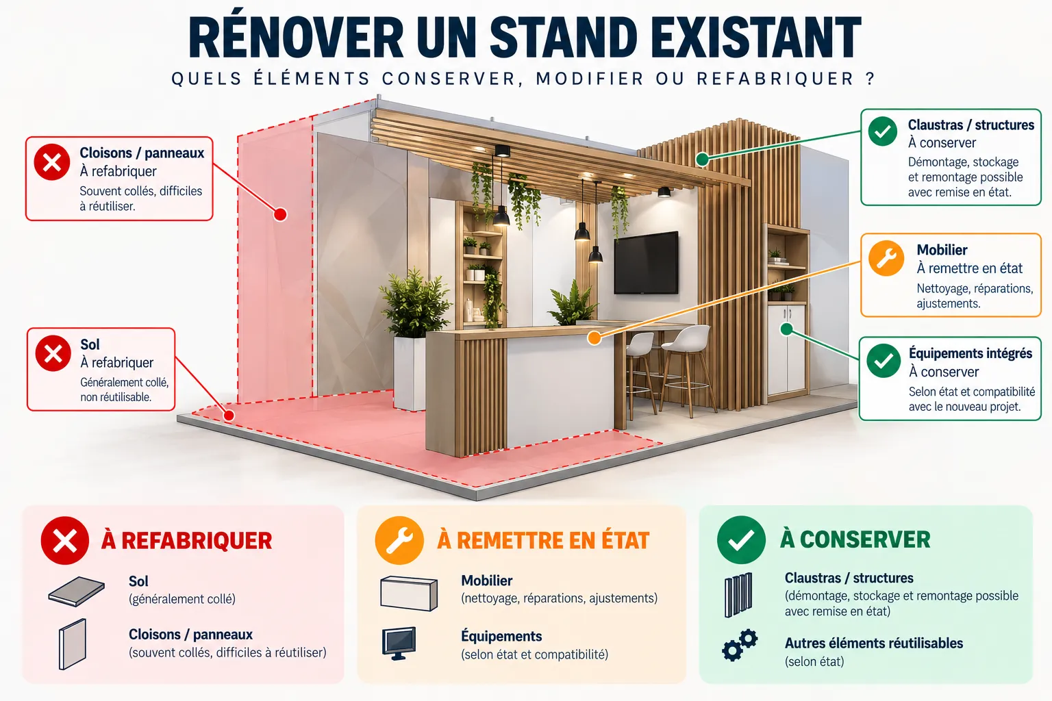 renover-stand-existant rénovation stand exposition, reconditionnement stand, moderniser un stand existant, rénovation stand France, menuiserie de stand à Paris, fabrication sur plan, MYTHIQS